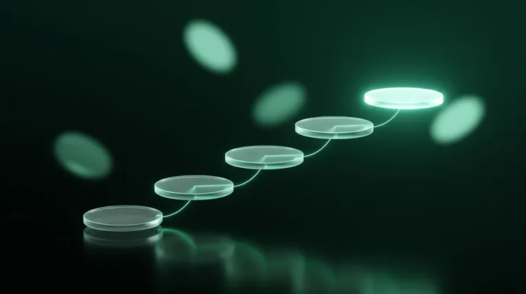 Automate customer onboarding: glass steps rising in sequence, each glowing brighter until the last is fully lit