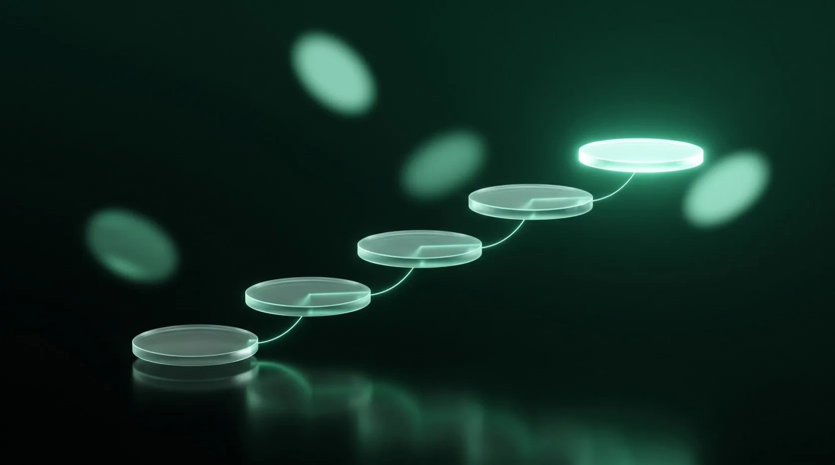 Automate customer onboarding: glass steps rising in sequence, each glowing brighter until the last is fully lit