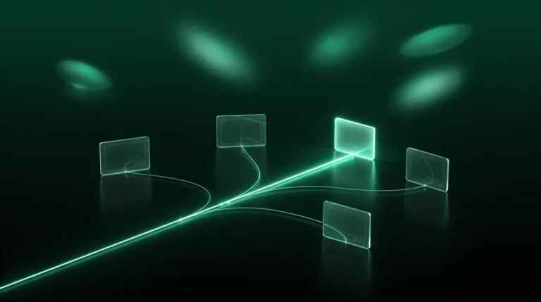 Build vs buy software: one glowing line splitting into separate paths, each ending at a small glass panel, one path lit brightest