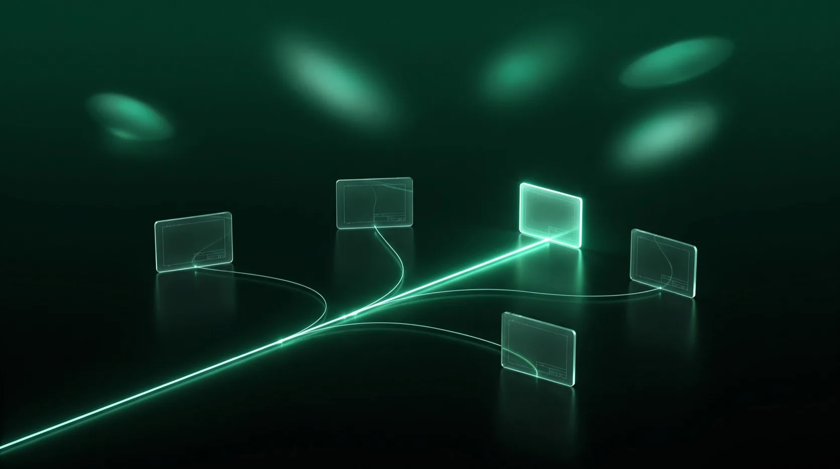 Build vs buy software: one glowing line splitting into separate paths, each ending at a small glass panel, one path lit brightest