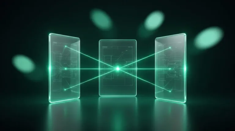 Connect business systems: three glass system panels linked by thin beams of light through one central node