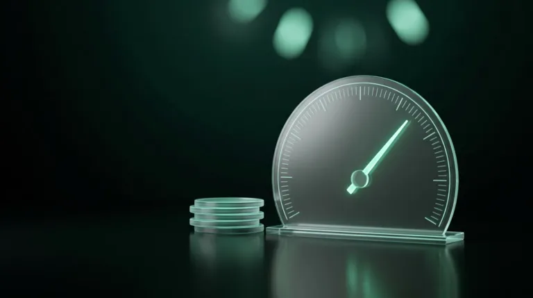 How to measure AI ROI: a glass gauge with a glowing needle beside a small stack of glass discs