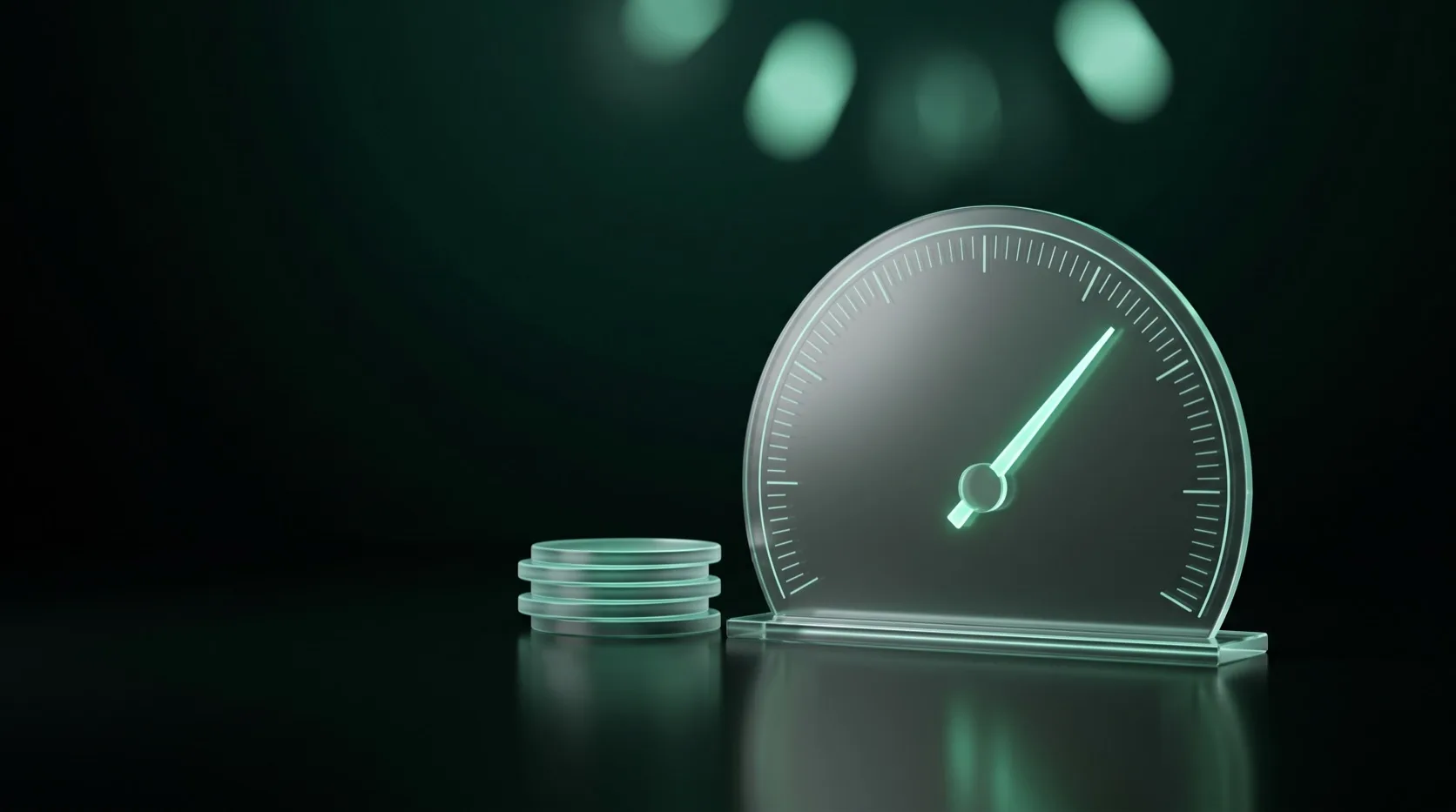How to measure AI ROI: a glass gauge with a glowing needle beside a small stack of glass discs