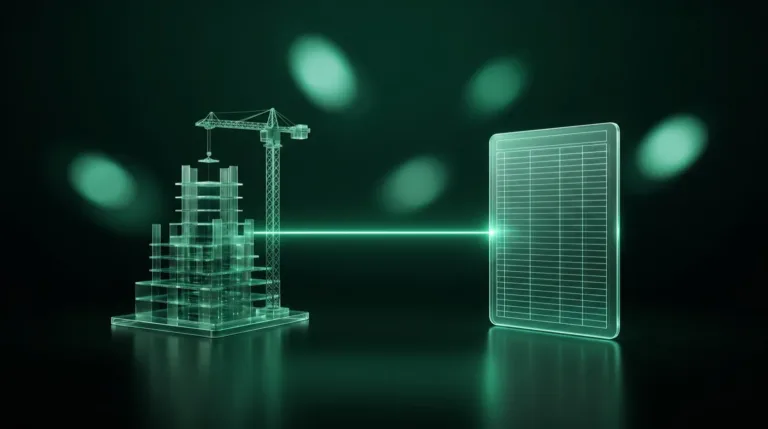 Procore Sage integration: a wireframe glass building with a crane linked by a beam of light to a glass ledger panel