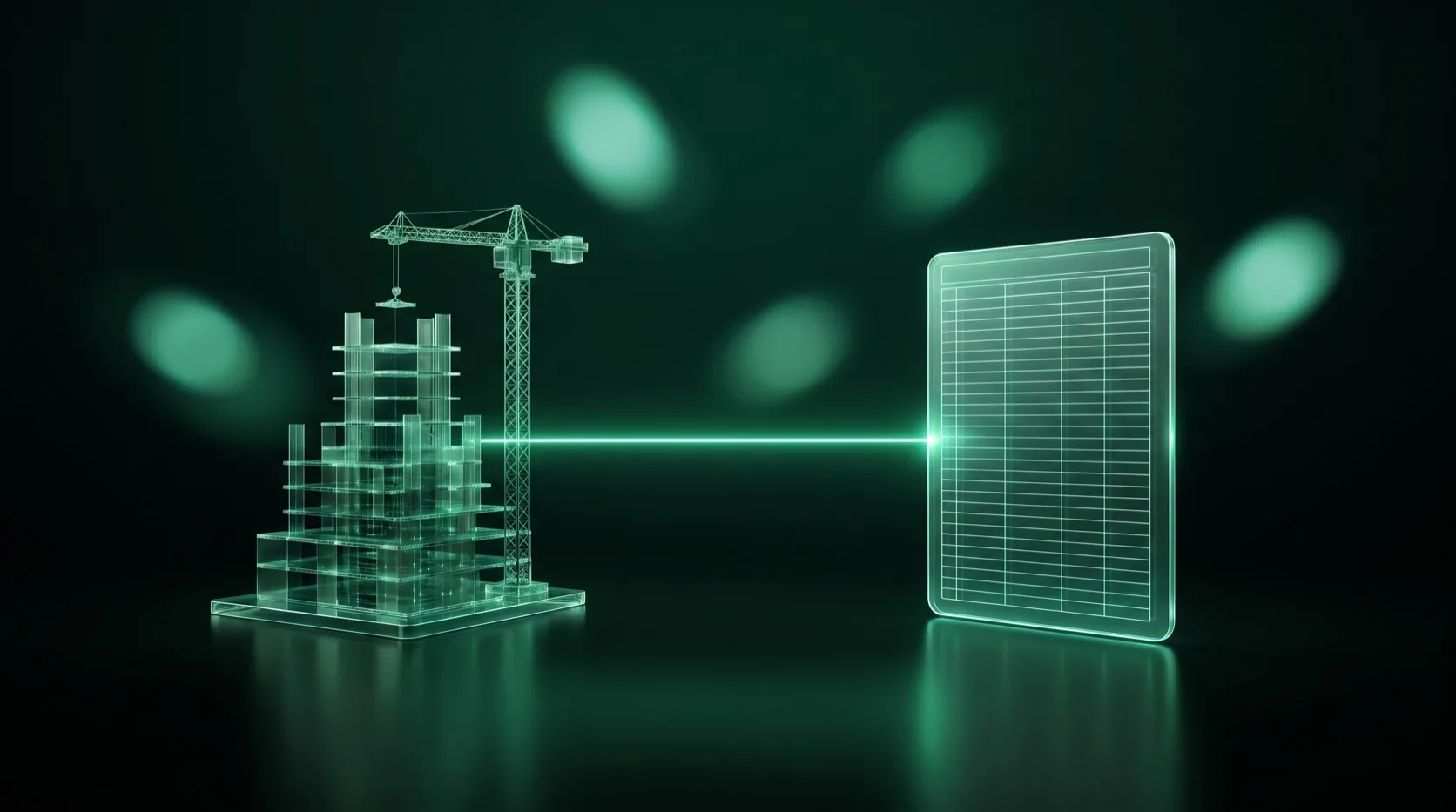 Procore Sage integration: a wireframe glass building with a crane linked by a beam of light to a glass ledger panel