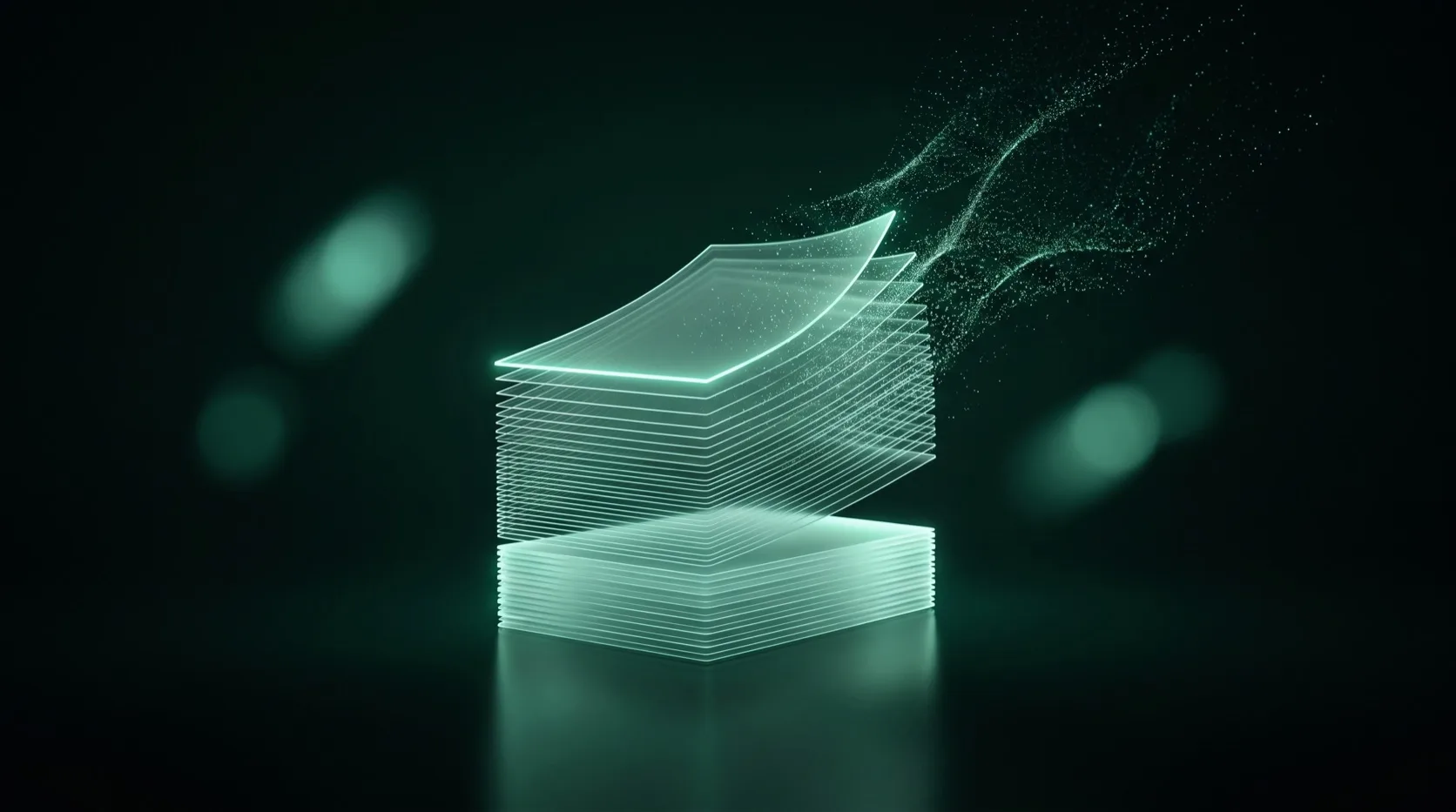 Reduce manual work: a stack of thin glass sheets whose top pages dissolve into light, leaving a short neat stack
