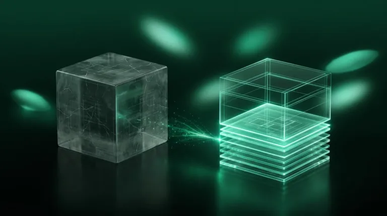 Replace legacy software in stages: an old cracked glass block beside a new block being built layer by layer