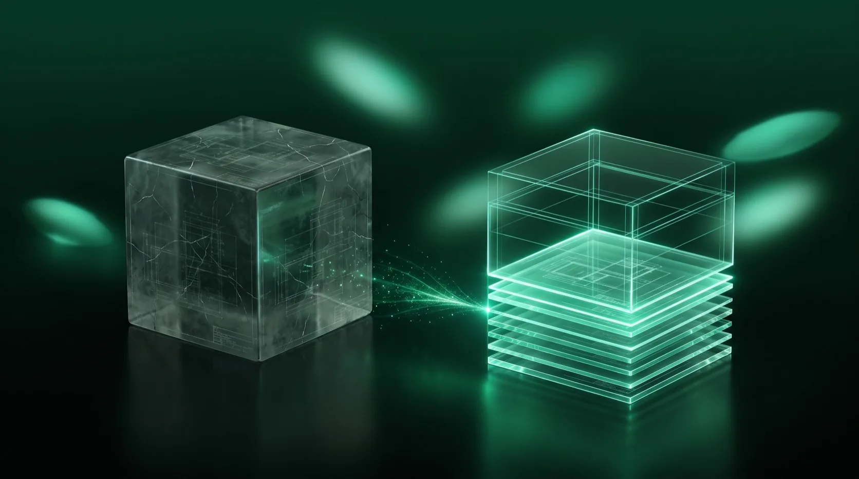 Replace legacy software in stages: an old cracked glass block beside a new block being built layer by layer